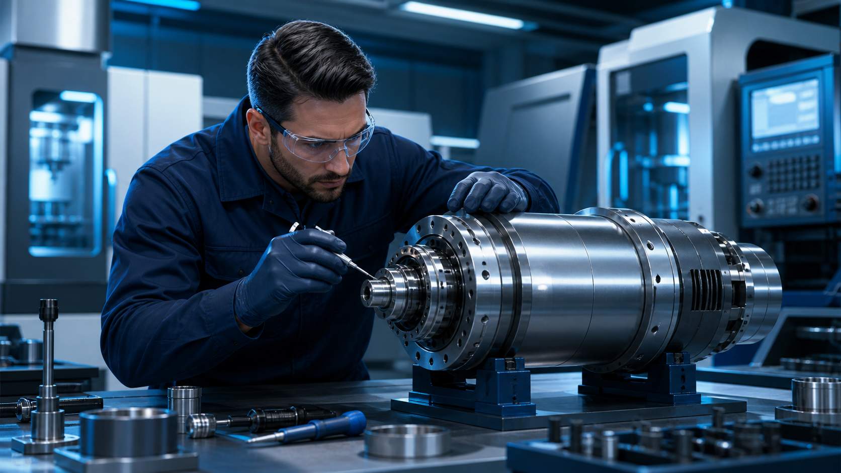 Técnico inspeccionando un spindle en un taller de maquinaria CNC
